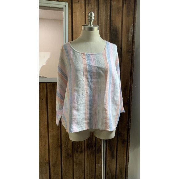 Paraphrase Tops - 100% Linen Top Multicolor Half Sleeve Prairie Style Peasant Sz S Fits Large
